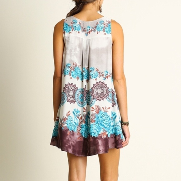 Loose fitting swing dress, turquoise, brown, cream - Picture 3 of 5